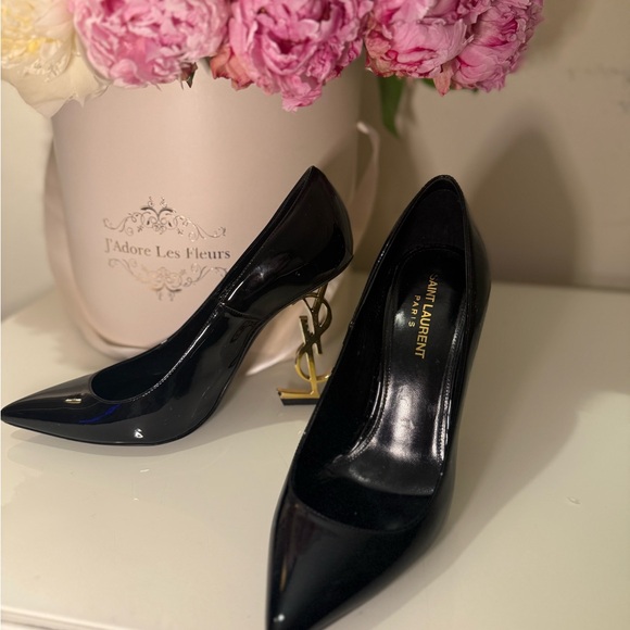 Saint Laurent Black Patent Heels with Gold Accent - Picture 8 of 10